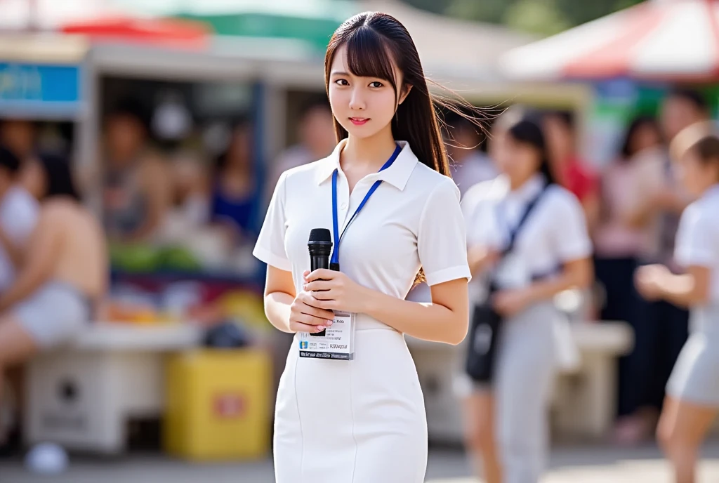 (masterpiece, best quality:1.2), 1woman, solo, Tamao, anchor woman, white tight uniform slim cutting dress, she hold a microphone and live broadcasting in front of camera, crowd market, whole body photo, summer and very hot weather