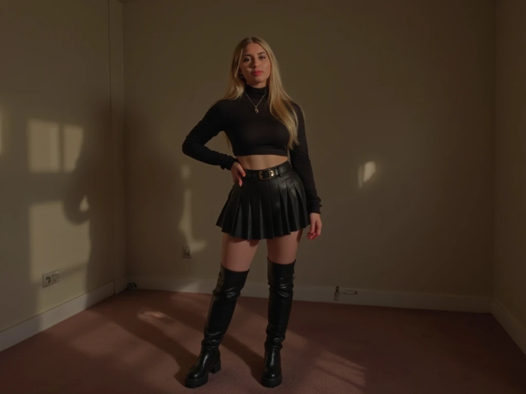 (ohwx) Margot Robbie ((age 25) miniskirt, fishnet stockings, tiny tube top with print on it, ponytail), is seductively posing against a building. It is night time