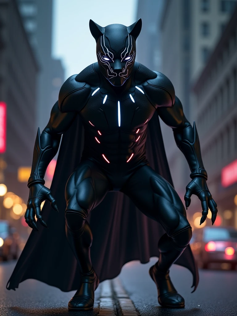 Venom Marvel comics character antihero running in the city at night and looking at the viewer with very rainy weather and very bright headlights and very bright neon style lighting and rain drops on his body and reflections on the buildings