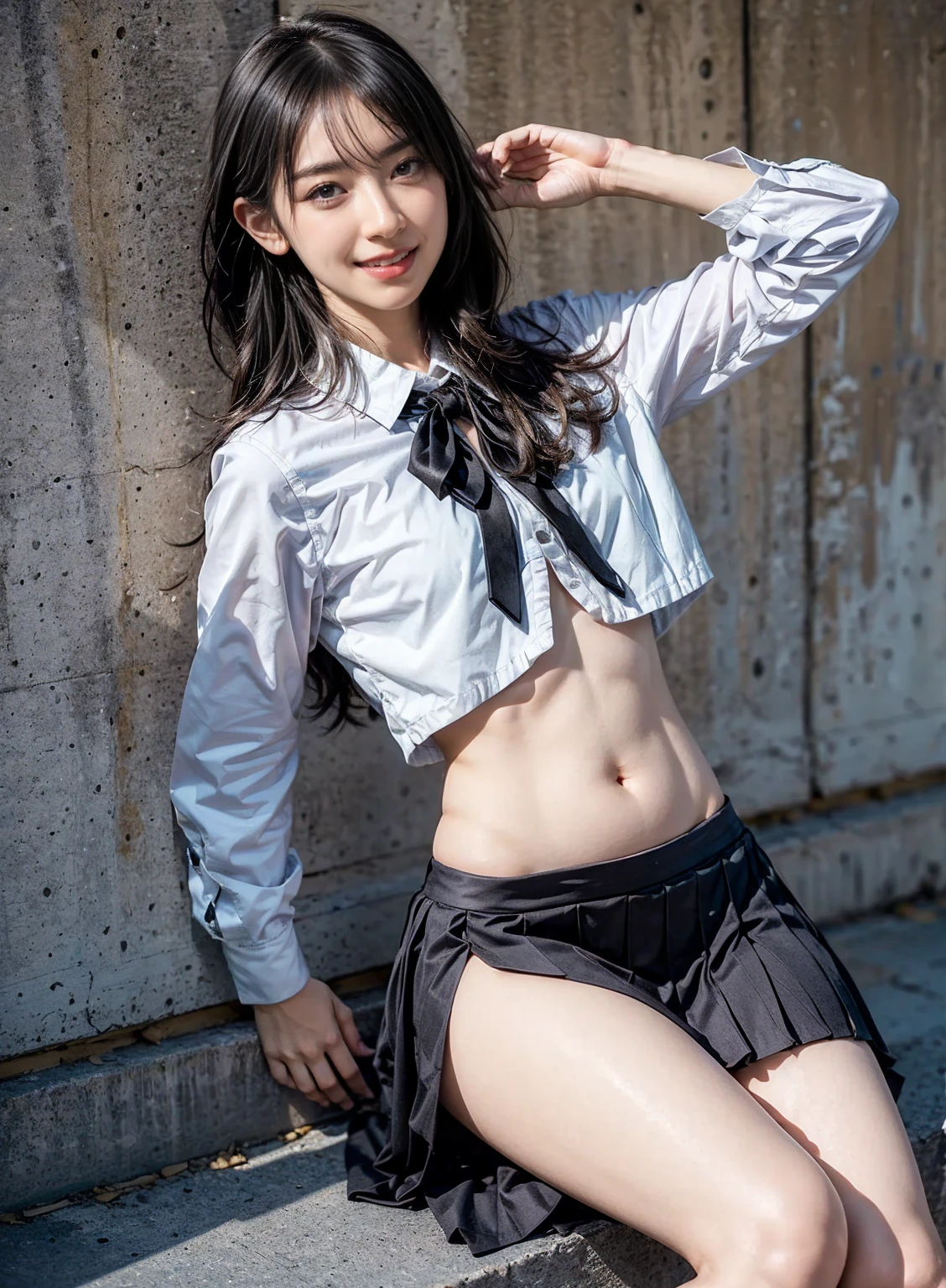 ((最high quality, 8K, masterpiece: 1.3, Ultra HD, high quality, 最high quality, High resolution, realism)) 、25 year old white woman、brunette、blue eyes、long hair、straight hair、Tie up your hair、smile、Slender but well-proportioned muscular body、I don't want my head to disappear from the screen.、Wearing red nail polish、I have a peticure、((Sheer))淡いピンクのブラウスI'm wearing、((On top of the blouse))Jacket((midriff jacket))I'm wearing、high waist skirt((high waist skirt))I'm wearing it、pumps((pumps))I'm wearing it、pastel colored background、smile