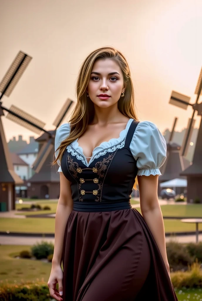 A striking young woman, adorned in a luxurious German dirndl with jeweled accents, poses amidst a row of windmills at Zaanse Schans during golden hour. The radiant sunlight enhances the rich textures of her dress and the intricate lacework on her sleeves. The tranquil surroundings amplify her regal poise, making her appear as if she stepped out of a fairytale.