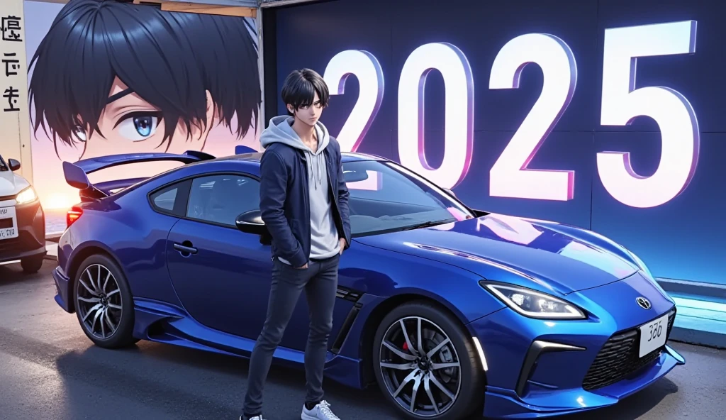 2025 happy new year poster((Year number:Handsome young man standing in front of neon light letter  , Hologram Effect)) ,  blue sports car"GR86"Handsome young man standing in front of"Asuka" , anime style 