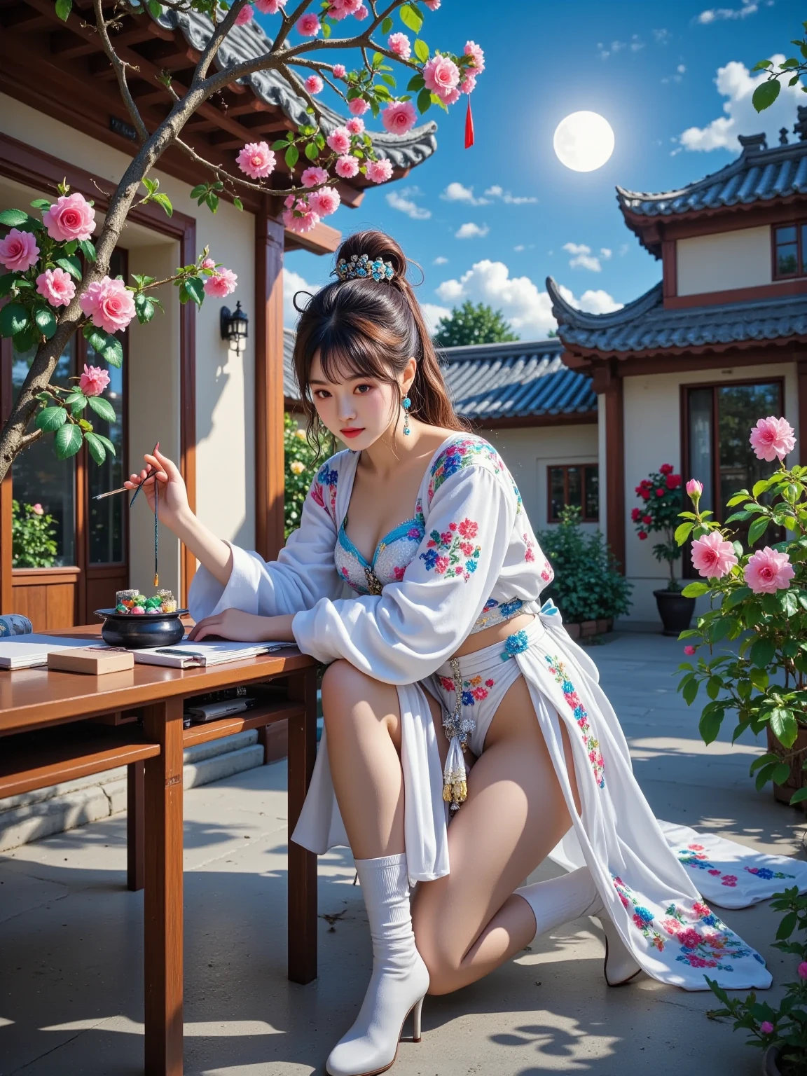 This image shows a woman in traditional clothes in high definition，She is sitting at a wooden table，She is painting with a brush。Chinese style watercolor，Details are intricately rendered，A delicate rendering。The woman has her hair tied up，Wear hair accessories，She is wearing a white traditional dress，It is embroidered with exquisite patterns。There are brushes on the table、Painting tools such as inkstones and paper。The background is a courtyard full of pink roses，The sun shines through the flowers onto the table，Creating a peaceful and elegant atmosphere。The overall picture shows the beauty and cultural charm of traditional artistic creation，It is a realistic rendering full of artistic atmosphere。