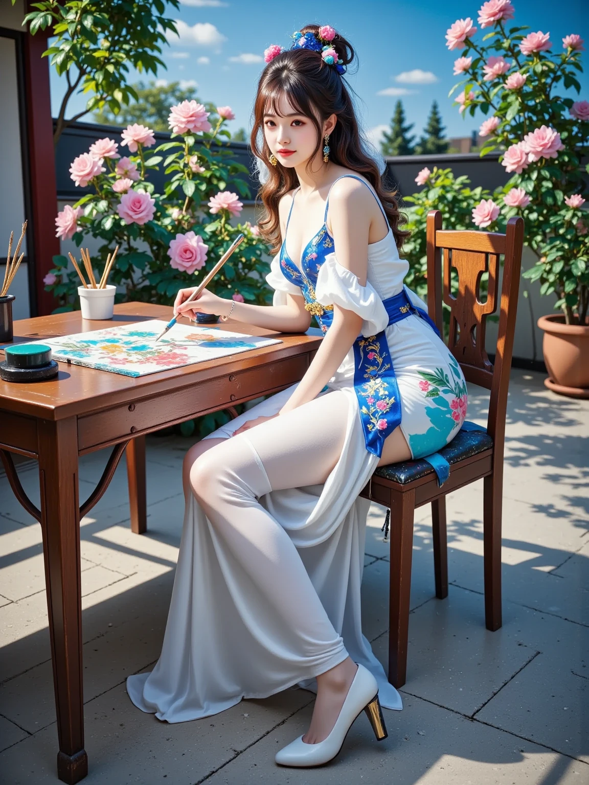 This image shows a woman in traditional clothes in high definition，She is sitting at a wooden table，She is painting with a brush。Chinese style watercolor，Details are intricately rendered，A delicate rendering。The woman has her hair tied up，Wear hair accessories，She is wearing a white traditional dress，It is embroidered with exquisite patterns。There are brushes on the table、Painting tools such as inkstones and paper。The background is a courtyard full of pink roses，The sun shines through the flowers onto the table，Creating a peaceful and elegant atmosphere。The overall picture shows the beauty and cultural charm of traditional artistic creation，It is a realistic rendering full of artistic atmosphere。