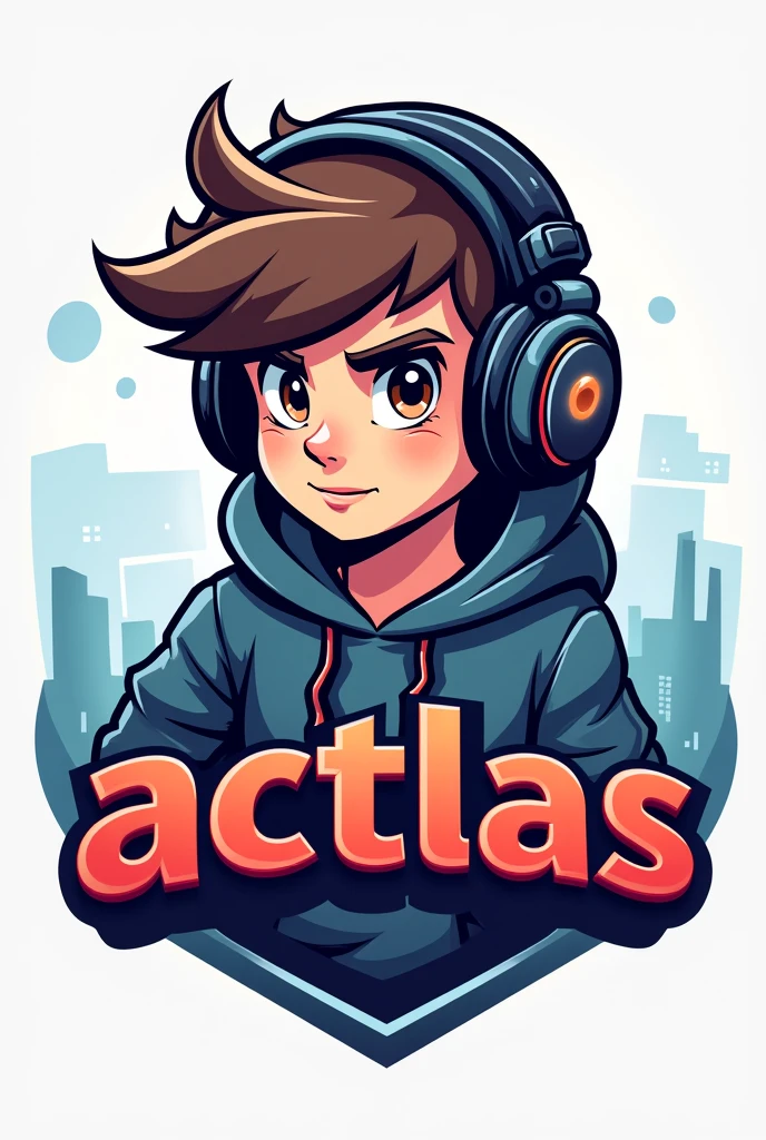 Create a mascot logo where the mascot is a gamer boy with a sweatshirt and hood and headphones with the letters “ACTLAS” underneath"