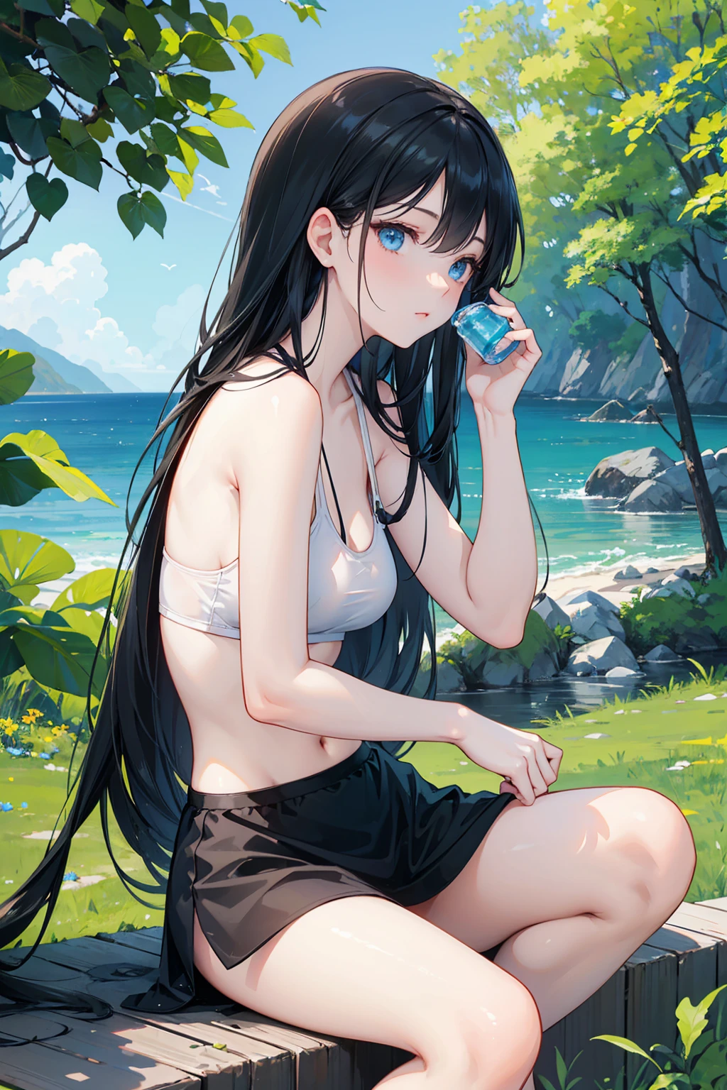 whole body, absurdres, RAW photo, extremely delicate and beautiful, masterpiece, Best Quality, ultra high resolution, 32k, hyperrealistic, ultra-detailed, detailed description, pale skin, 20 years old, detailed beautiful face and eyes, big tits, medium hair, black hair, tearful mole, earring, baseball cap, tank top, cargo shorts,