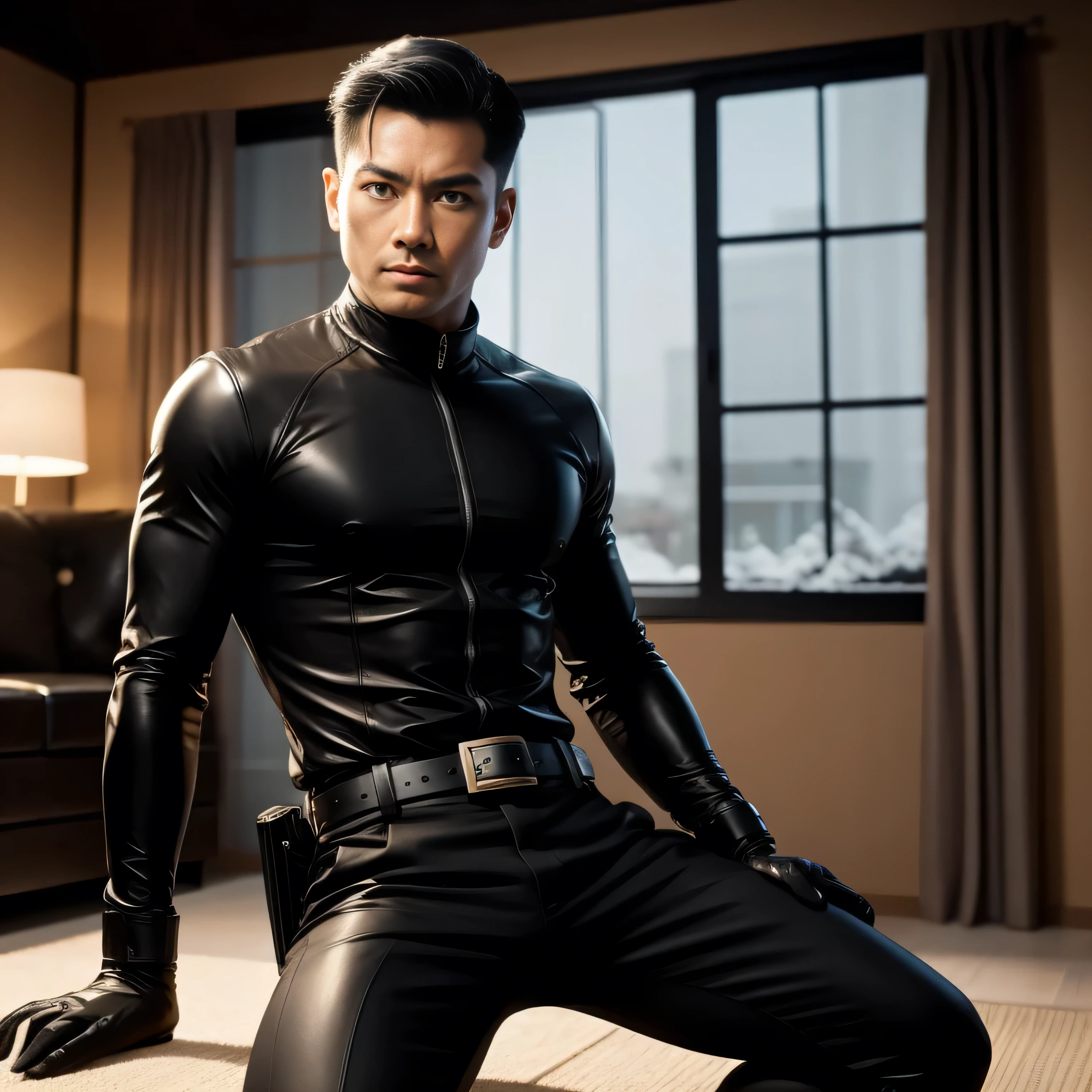 40 years old, One Man,、 black bodysuit 、Shocker Belt、 black gloves 、 carrying a pistol around the waist、bedroom、 in the living room in a snowy country、　logic, , black hair、Short hair slicked back。 very short hair 、 handsome fighter　Asian Face　 sits with legs open 、View from below。 upper body up