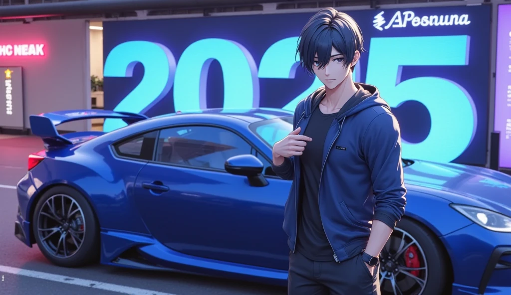 2025 happy new year poster((Year number:Handsome young man standing in front of neon light letter  , Hologram Effect)) ,  blue sports car"GR86"Handsome young man standing in front of"Asuka" , anime style 