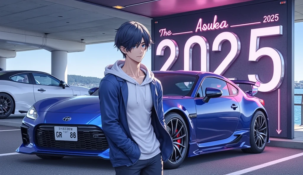 2025 happy new year poster((Year number:Handsome young man standing in front of neon light letter  , Hologram Effect)) ,  blue sports car"GR86"Handsome young man standing in front of"Asuka" , anime style 