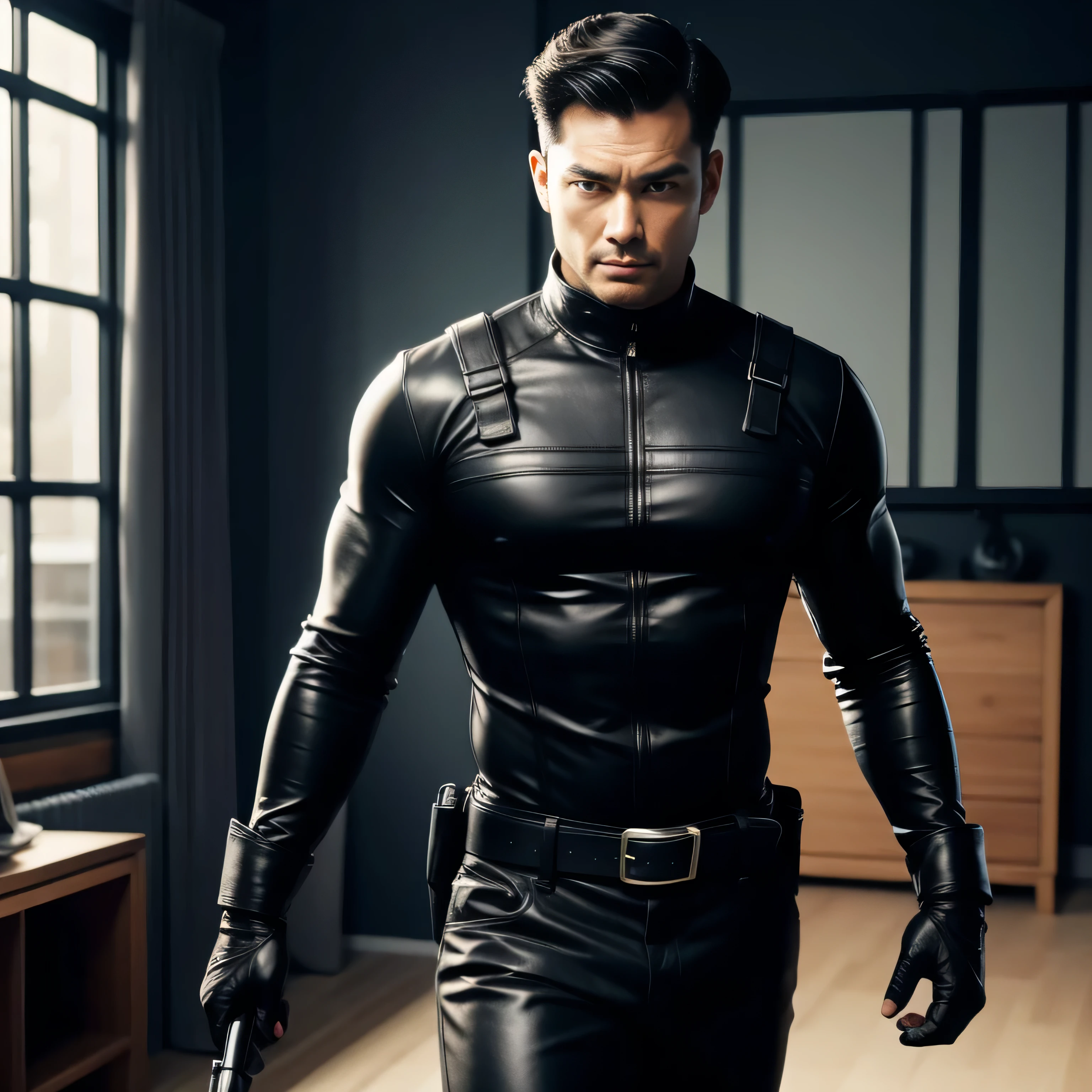 40 years old, One Man,、 black bodysuit 、Shocker Belt、 black gloves 、 carrying a pistol around the waist、bedroom、 in the living room in a snowy country、　logic, , black hair、Short hair slicked back。 very short hair 、 handsome fighter　Asian Face　Stubble 、The crotch area of the pants is bulging