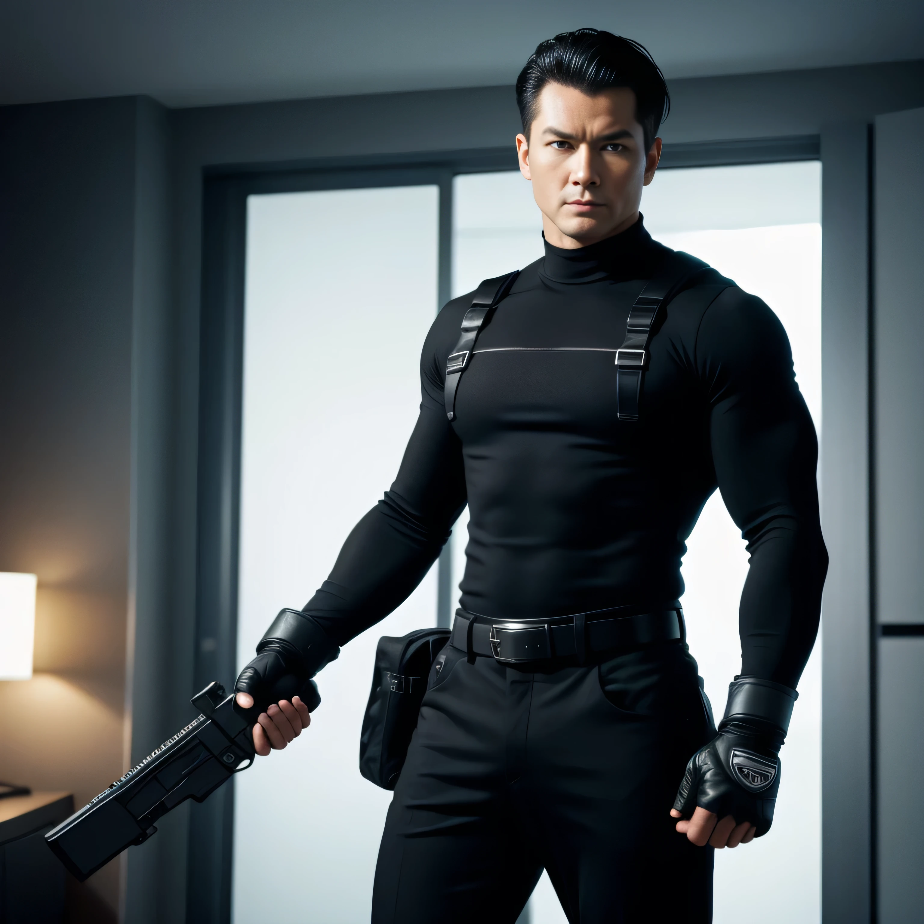 40 years old, One Man,、 black bodysuit 、Shocker Belt、 black gloves 、 carrying a pistol around the waist、bedroom、 in the living room in a snowy country、　logic, , black hair、Short hair slicked back。 very short hair 、 handsome fighter　Asian Face　Stubble 、The crotch area of the pants is bulging