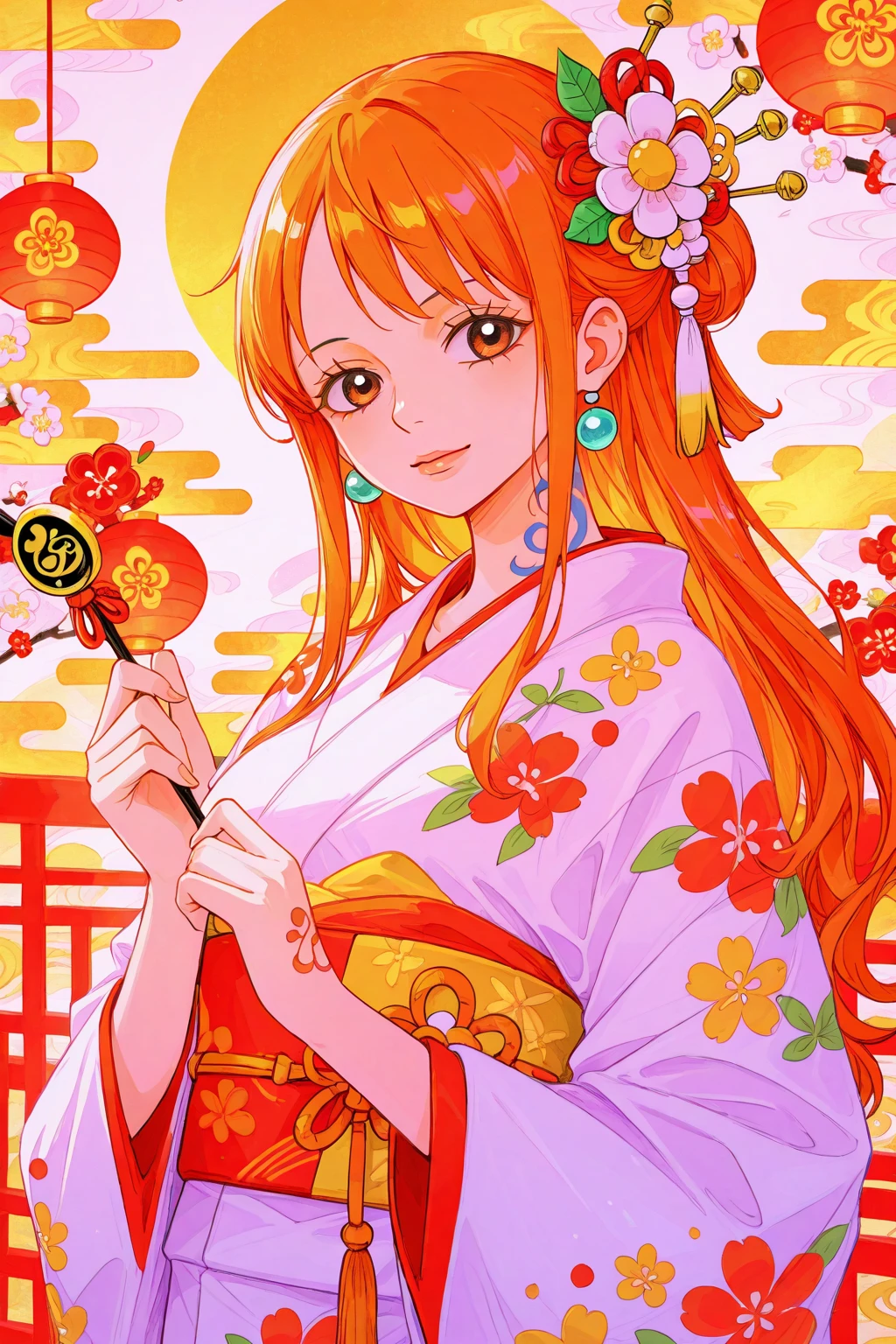 Kimono, holographic colors,colorful, Nami( one peice), long_hair, orange_hair, Tattoo,nami(one piece), slight orange-brownish hair, Japanese theme new year background, New year theme,
