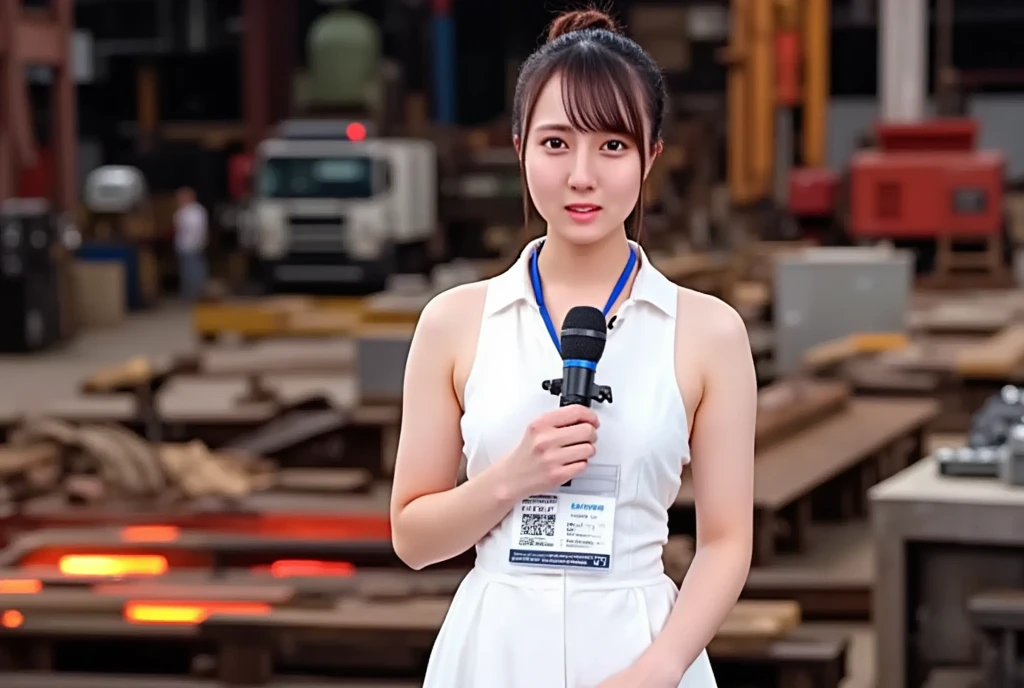 (masterpiece, best quality:1.2), 1woman, solo, Tamao, anchor woman, white tight uniform slim cutting dress, she hold a microphone and live broadcasting in front of camera, crowd metal factory, whole body photo, red hot metal