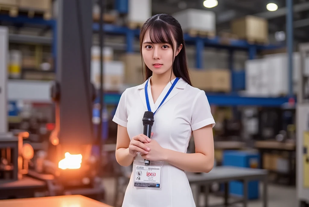 (masterpiece, best quality:1.2), 1woman, solo, Tamao, anchor woman, white tight uniform slim cutting dress, she hold a microphone and live broadcasting in front of camera, crowd metal factory, whole body photo, red hot metal