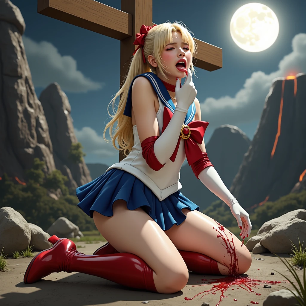 Hyperrealism, masterpiece, highest quality, A young Japanese woman is kneeling in the dirt, dirty body, eyes close, wound, injury, crying in severe pain, painful face, blood on her body, Wearing a Sailor Moon costume, Being restrained and crucifixion on the cross, Blue sailor collar, Blue mini pleated skirt, Long white gloves, shiny beige color pantyhose, red high boots, Exposed thighs, Red long boots, big choker, long blonde Hair, Bright full moon, moonlight , 1 big fierce devil is hugging and bite her neck, blood on her neck, a lot of devil slime on her face, hand in her crotch, (((realistic))), volcano background,