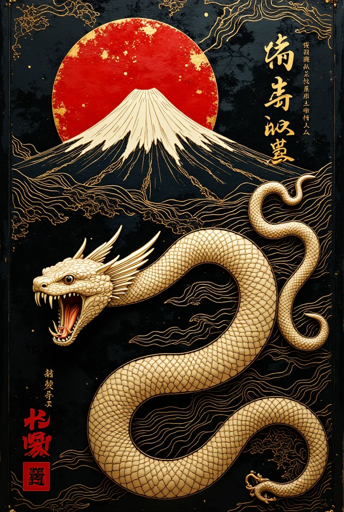 (masterpiece),(absurdres),(ultra detailed)、( Mt. Fuji drawn with gold lines :1.1),( white snake with wings drawn with gold lines:1.1),Japanese flag,( gold leaf illustration :1.3),(Lacquerware texture :1.3)、(Black texture :1.1)、(word written 'Happy New Year' )