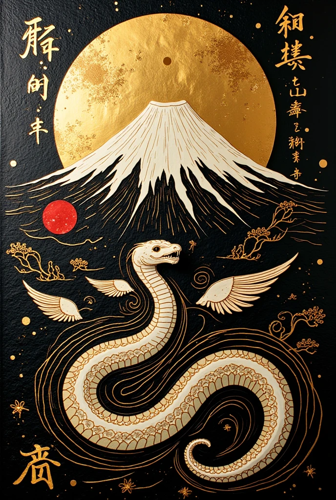 (masterpiece),(absurdres),(ultra detailed)、( Mt. Fuji drawn with gold lines :1.1),( white snake with wings drawn with gold lines:1.2),Japanese flag,( gold leaf illustration :1.3),(Lacquerware texture :1.3)、(Black texture :1.1)、(word written 'Happy New Year' )