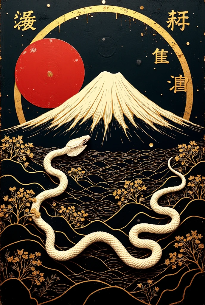 (masterpiece),(absurdres),(ultra detailed)、( Mt. Fuji drawn with gold lines :1.1),( white snake with wings drawn with gold lines:1.2),Japanese flag,( gold leaf illustration :1.3),(Lacquerware texture :1.3)、(Black texture :1.1)、(word written 'Happy New Year' )