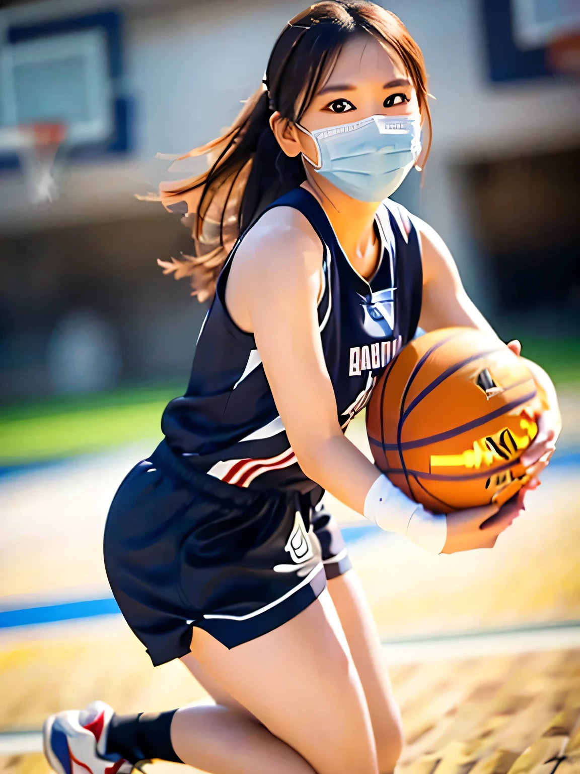 A young female basketball player executing a dynamic jump shot with precision and grace. The basketball is held firmly in both hands as she aims for the hoop, her form exuding confidence and mastery. Her slim-fit basketball uniform highlights her athletic build, while black high socks and matching sneakers provide a sleek and modern look. Her neatly braided black hair arcs through the air as she leaps, with her intense black eyes fixed firmly on the goal. The polished wooden floor of the brightly lit gymnasium reflects the action, emphasizing the energy, elegance, and competitive spirit of the moment. smiles gently, FRIENDLY. ( RAW photos , top quality ), ( realistic , photo- realistic :1.4), masterpiece, extremely delicate and beautiful, extremely detailed, 2k wallpaper, amazing on the beach, Detailed description, extremely detailed CG unity 8k wallpaper, ULTRA DETAIL, high res, Soft light, beautiful detailed girl looking back, extremely detailed eyes and face, beautiful detailed nose, beautiful detailed eyes, cinematic lighting, Perfect Anatomy, slender body.