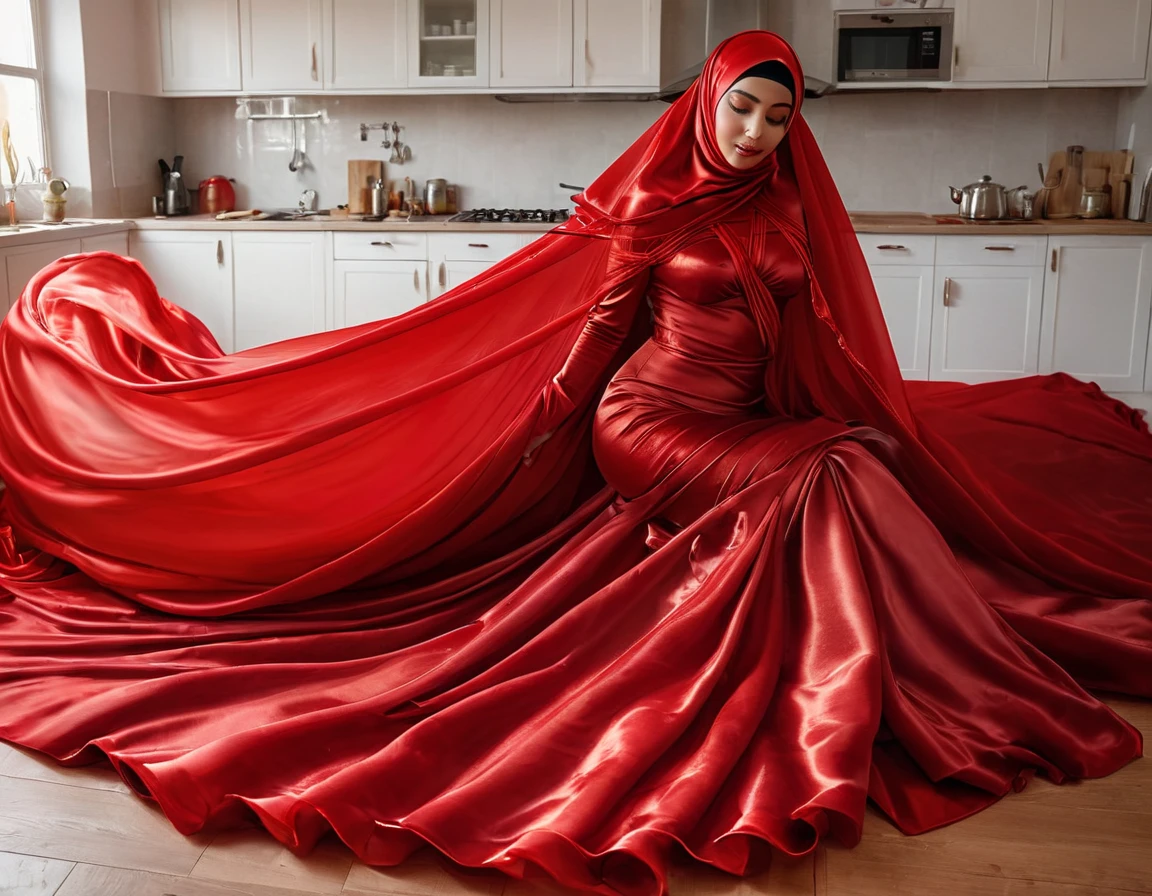 a woman in the translucent red silk gown, tight full body tied, nipple on, full body,wear modern hijab, double long satin dress train, mermaid tight long gown, flowy dramatic long gown, tall women, walk in town, strugle to walk, wear high heels, masterpice 