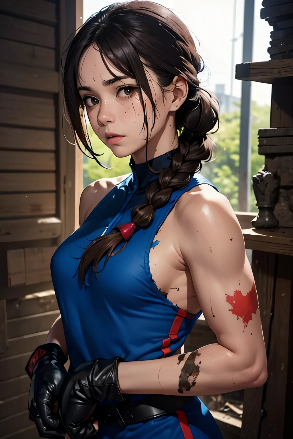 (masterpiece、top-quality、hight resolution、Unity 8k壁纸、extremely details CG:1)、1girl in、独奏、Yurim、head band、Dagi、spandex、gloves、bra very、(Crying、weak and tired eyes、Tears:1.2),(Bruises and blood stains on the face and body、blood flowing from head and face、injuries on body、Damage、Wounds and cuts、bleeding lips:1.3),(Torn clothing、Tattered clothes、Exposed underwear:1.5)、Blood stains on clothes、(Kneeling weakly:1.2)、 (Inside an abandoned factory)、dishevled hair、Tired and weak face、(Perfect body、flawless、perfect thighs)、Sweaty body、((bloody skin:1.3))、(Film Lighting)、Soft lighting、Complex and cinematic appearance、cinematlic lighting