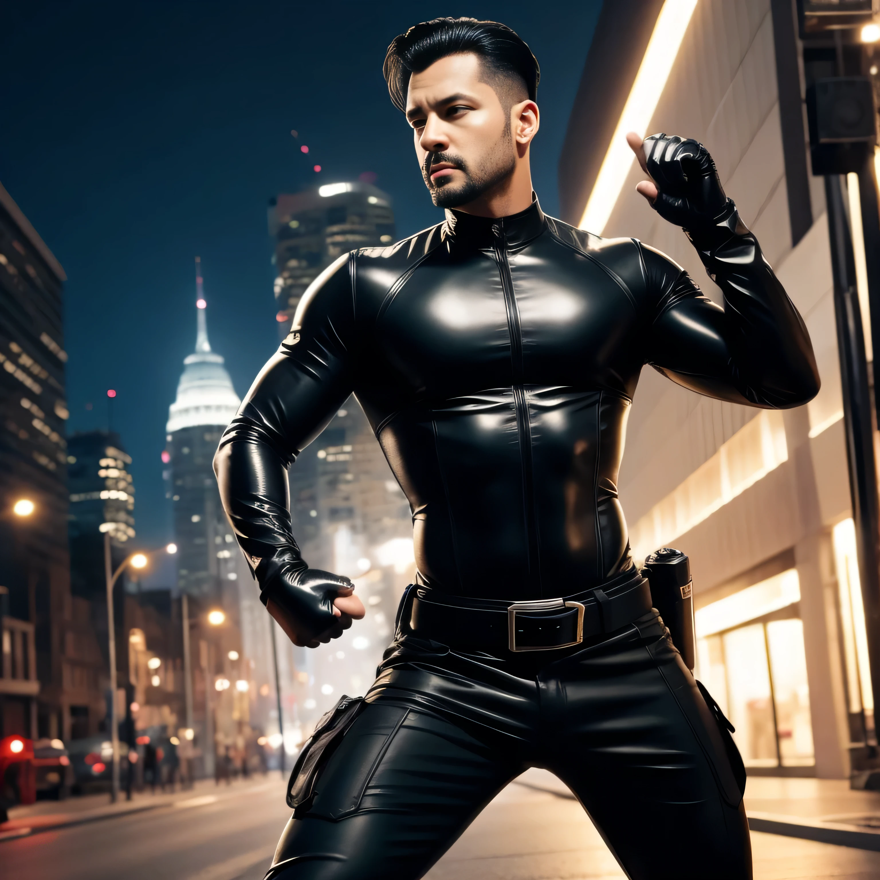 40 years old, One Man,、 black bodysuit 、Shocker Belt、 black gloves 、 carrying a pistol around the waist、parking、 cool battle pose 、、　logic, , black hair、Short hair slicked back。 very short hair 、 handsome fighter　 arabic face　Stubble 、The crotch area of the pants is bulging