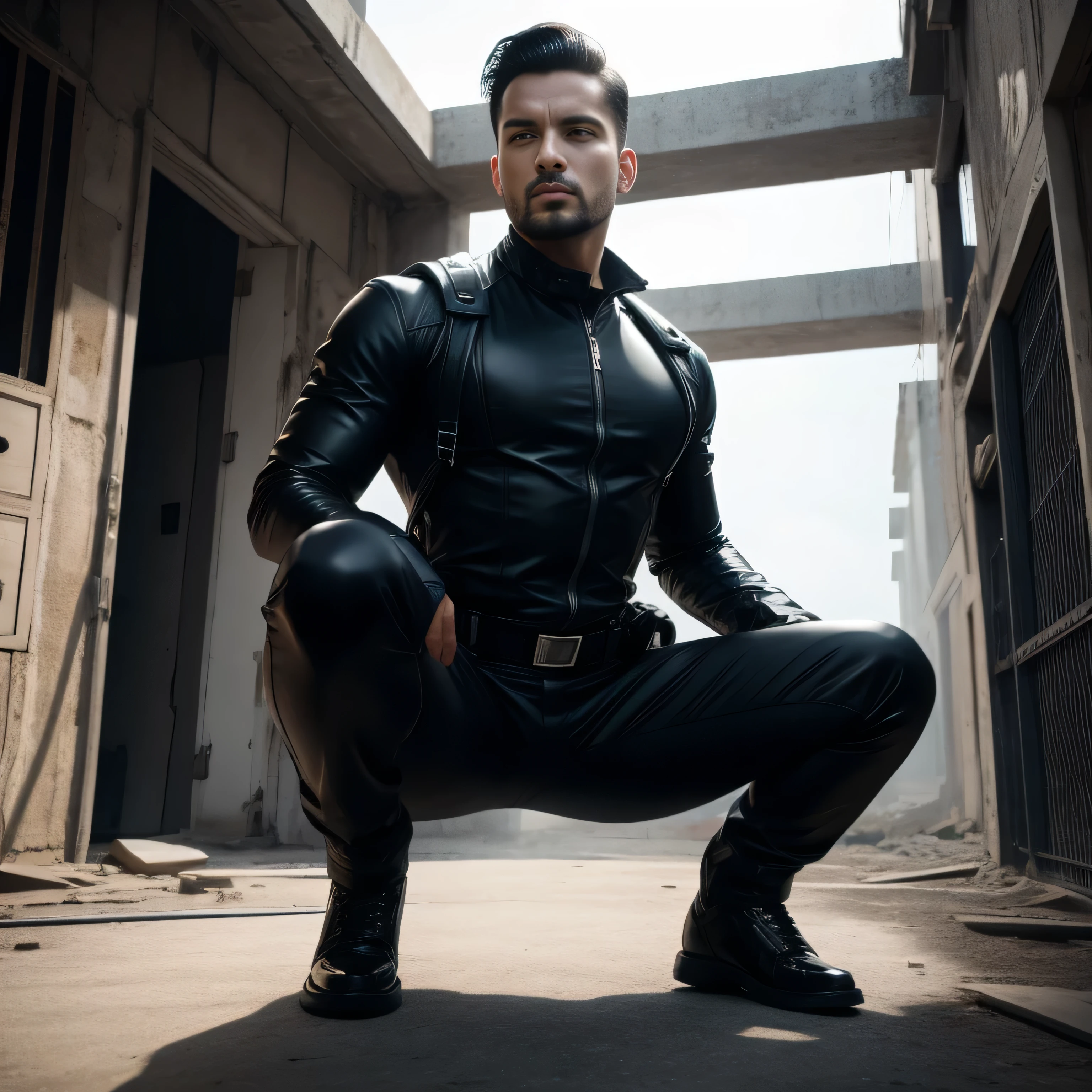 Age 30, One Man,、 black bodysuit 、Shocker Belt、 black gloves 、 with a pistol on your waist、Inside an abandoned building 、 squats、　logic, , black hair、Short hair slicked back。 very short hair 、 handsome fighter　 arabic face　Menacing look　View from below