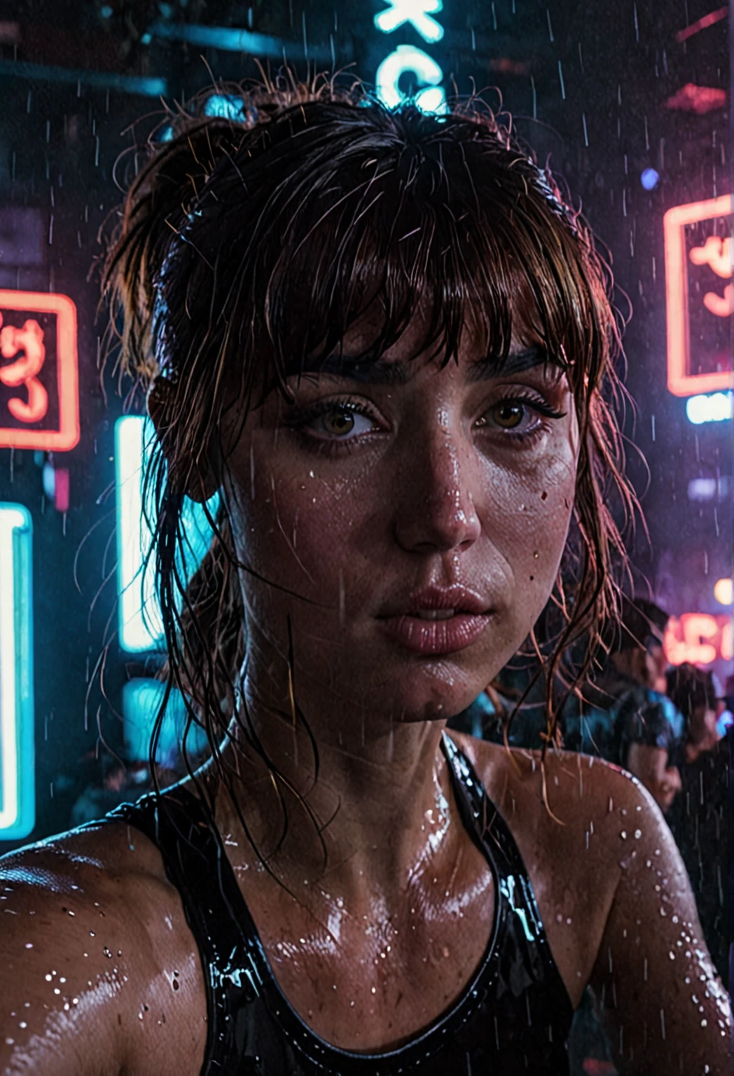  high resolution close-up photo of J0i woman, Her hair is styled with bangs.,wearing waterproof ,( Sweaty skin ),Gloomy, dimly illuminated , taking a selfie at a cyberpunk club , surreal dramatic lighting ,sad