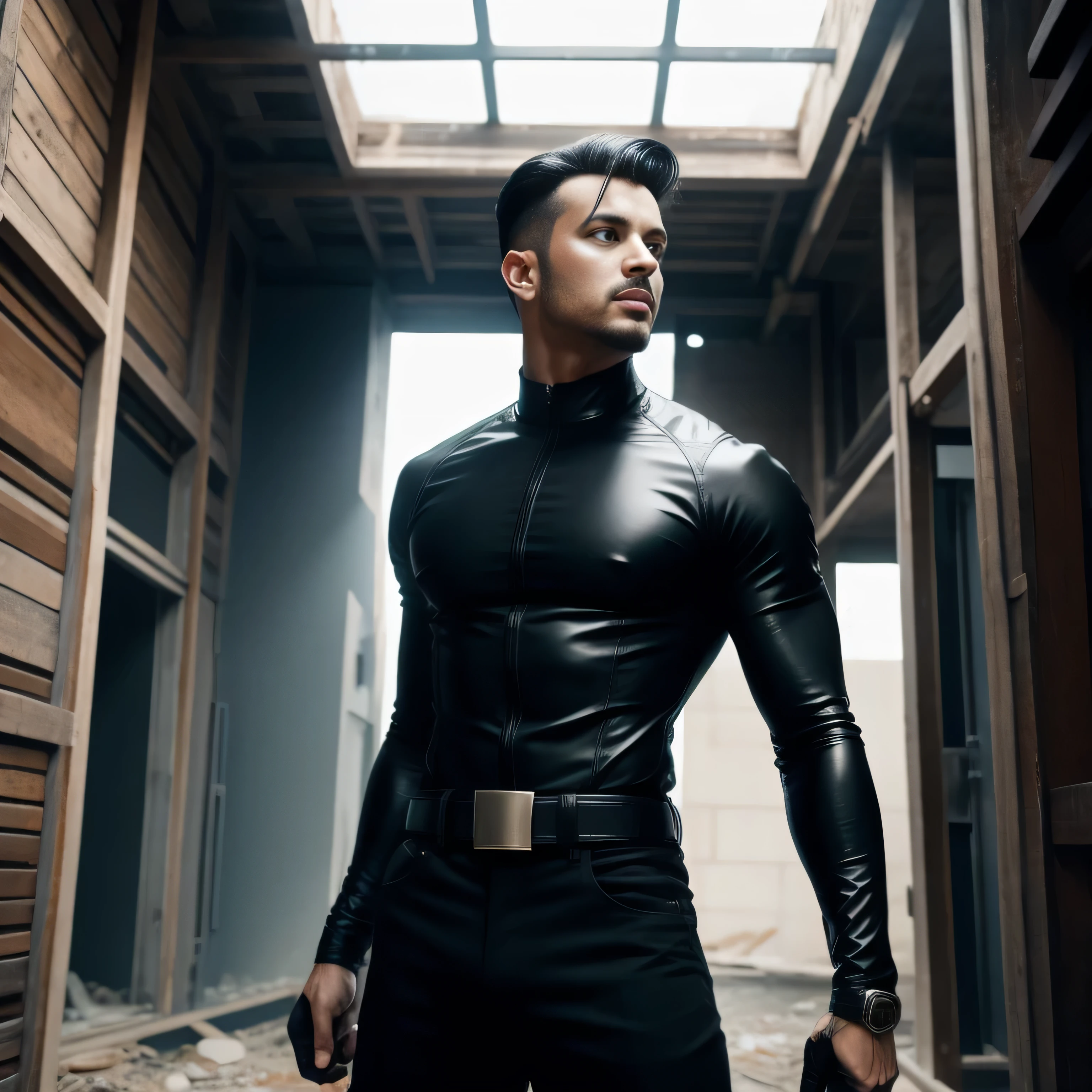 Age 30, One Man,、 black bodysuit 、Shocker Belt、 black gloves 、 with a pistol on your waist、Inside an abandoned building 、 squats、　logic, , black hair、Short hair slicked back。 very short hair 、 handsome fighter　 arabic face　Menacing look　View from below