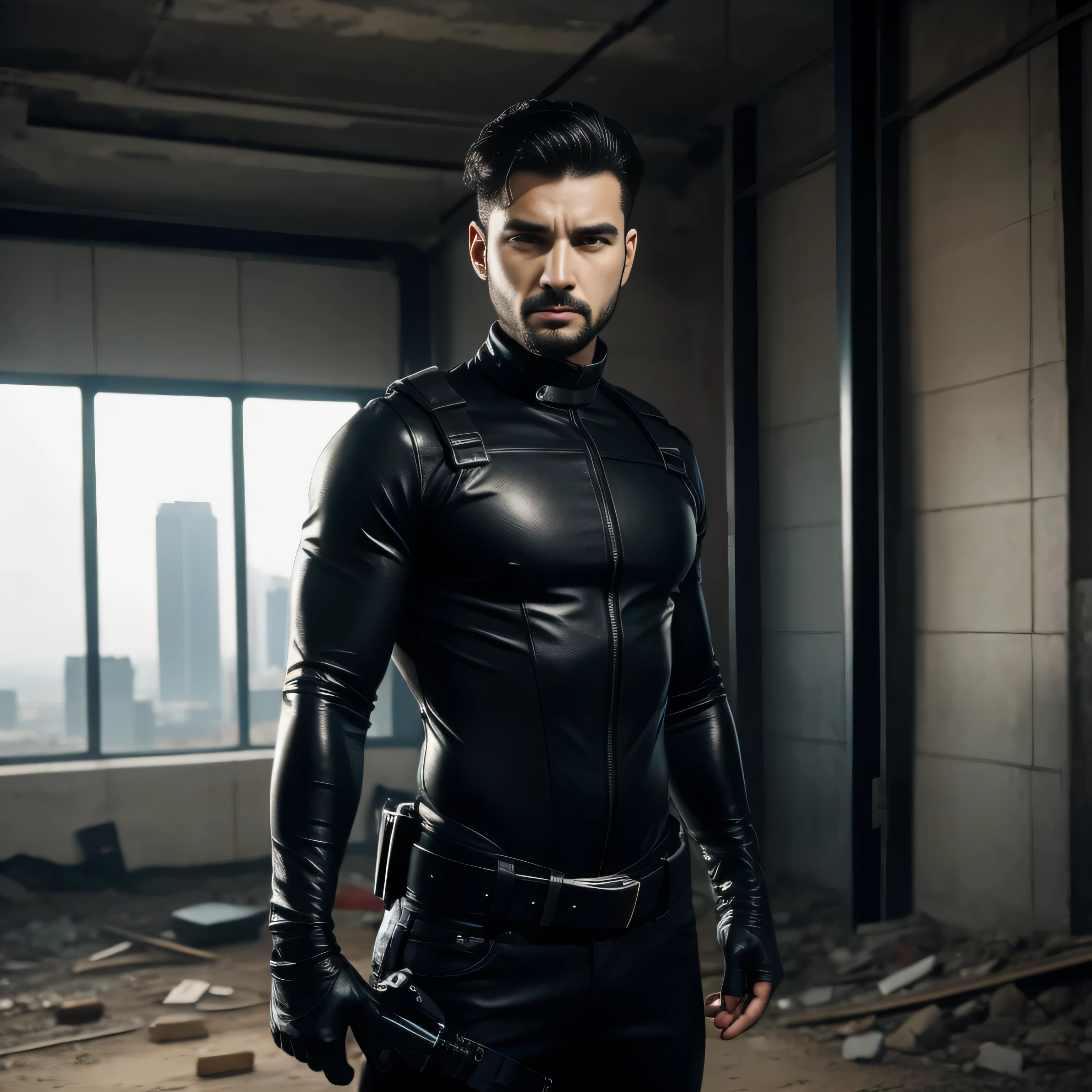 Age 30, One Man,、 black bodysuit 、Shocker Belt、 black gloves 、 with a pistol on your waist、Inside an abandoned building 、 squats、　logic, , black hair、Short hair slicked back。 very short hair 、 handsome fighter　 arabic face　Menacing look　View from below