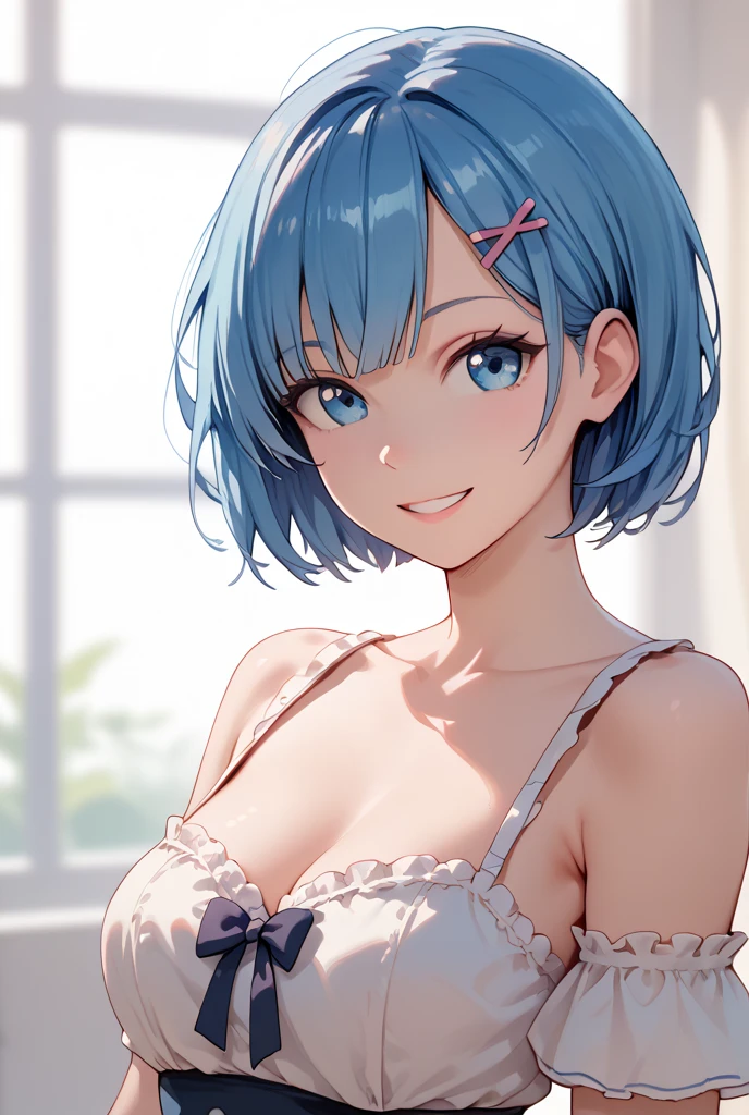 Rem with blue hair, blue eye, with her hair clip, blouse open shoulder pink colour, perfect, details, high resolution, masterpiece, body slim, smile 