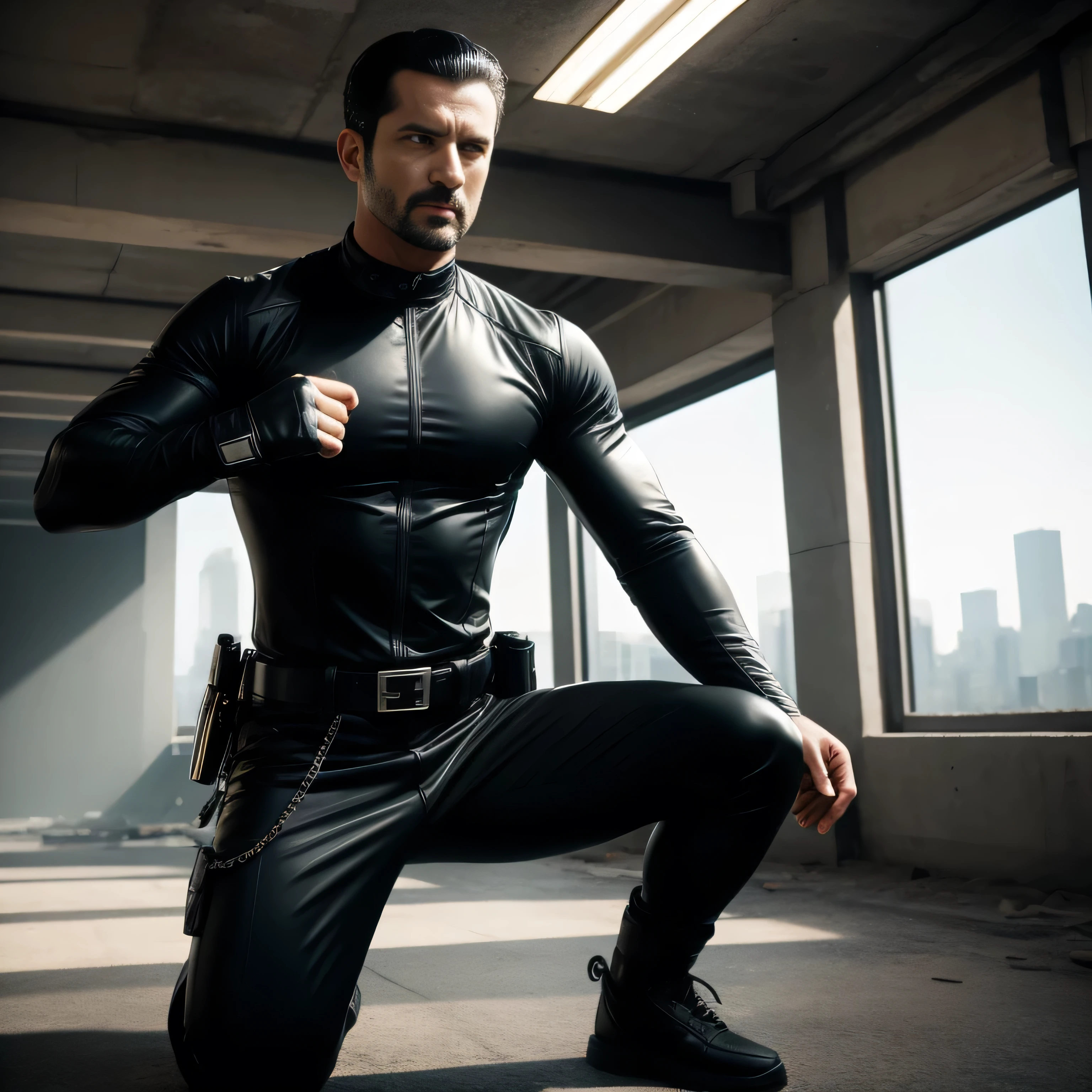 40 years old, One Man,、 black bodysuit 、Shocker Belt、 black gloves 、 carrying a pistol around the waist、Inside an abandoned building 、 squats、　logic, , black hair、Short hair slicked back。 very short hair 、 handsome fighter　 arabic face　Menacing look　View from below　 black sunglasses 　 upper body up