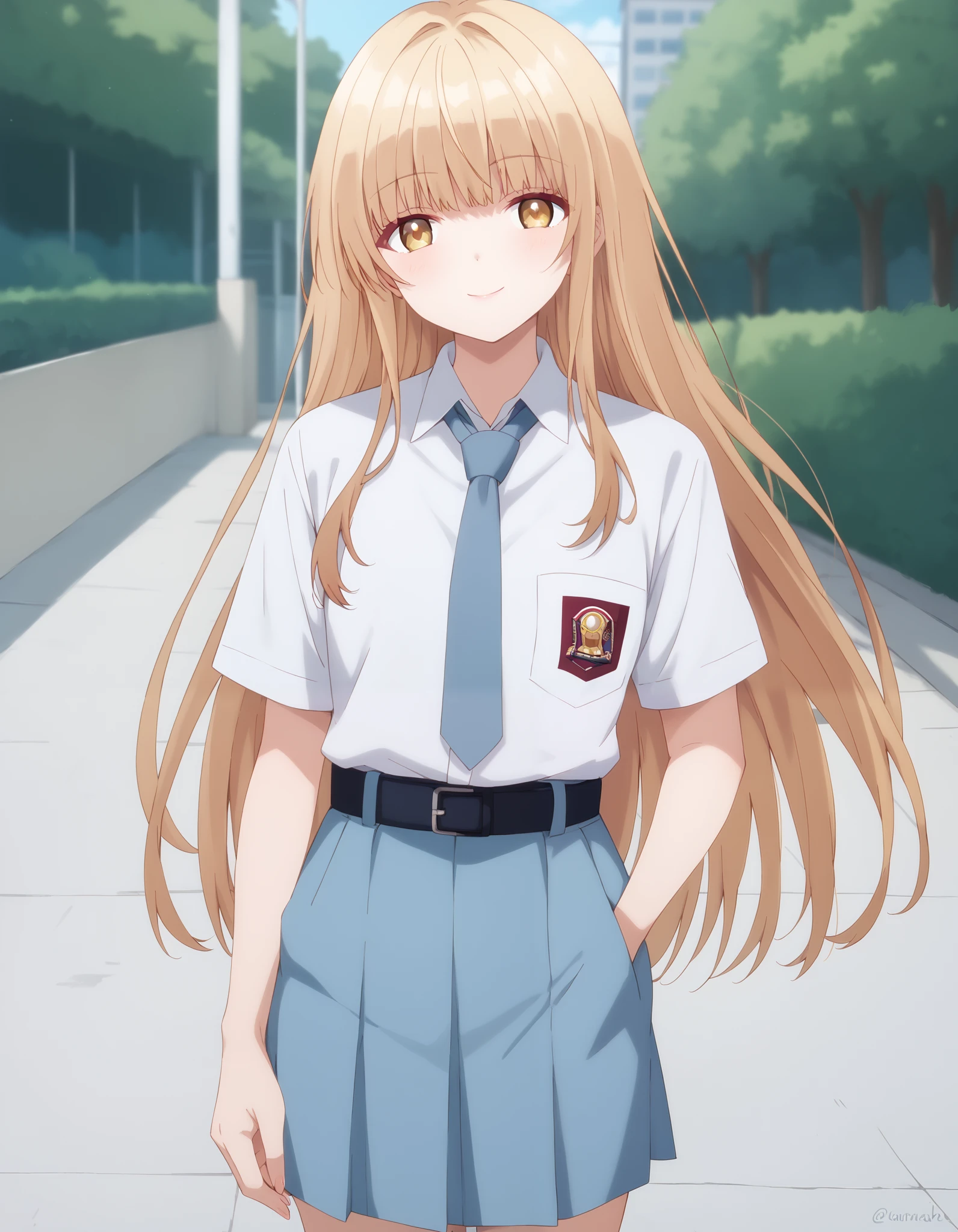 Masterpiece, hd, best quality, closed mouth, light smile, light blush, long hair, mahiru shiina, bangs, blonde hair, brown hair, yellow eyes, Indonesia high school uniform, wearing white collared shirt, short sleeves, light blue skirt, pleated skirt, light blue neck tie, pocket, school logo on pocket, wearing black belt, outdoor,  smile,  standing, cowboy shot