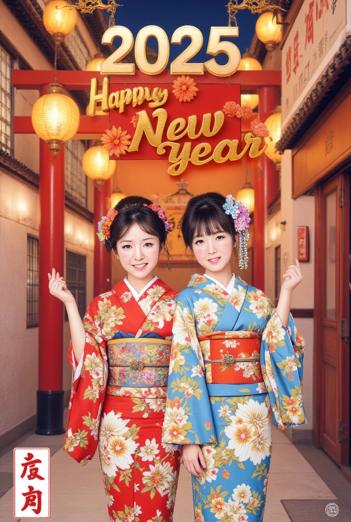 new year poster，" happy new year 　2025"A sign that reads， Japanese Beauties in Kimonos