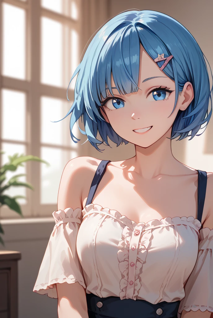 Rem with blue hair, blue eye, with her hair clip, blouse lipit span open shoulder pink colour, perfect, details, high resolution, masterpiece, body slim, smile 