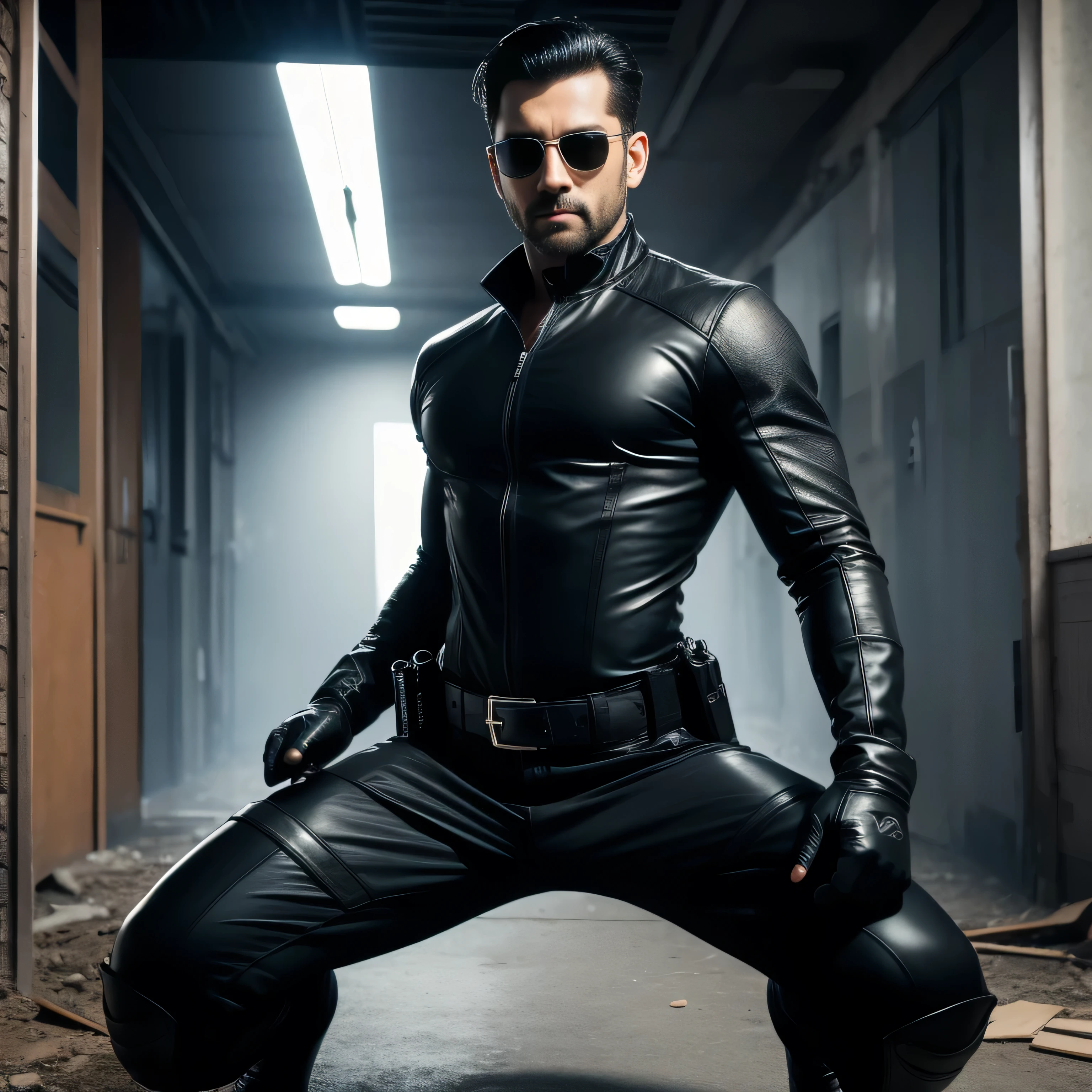 40 years old, One Man,、 black bodysuit 、Shocker Belt、 black gloves 、 carrying a pistol around the waist、Inside an abandoned building 、 squats、　logic, , black hair、Short hair slicked back。 very short hair 、 handsome fighter　 arabic face　Menacing look　View from below　 black sunglasses 　 upper body up