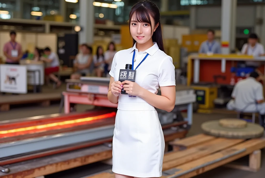 (masterpiece, best quality:1.2), 1woman, solo, Tamao, anchor woman, white tight uniform slim cutting dress, she hold a microphone and live broadcasting in front of camera, crowd metal factory, whole body photo, clear background view, red hot metal