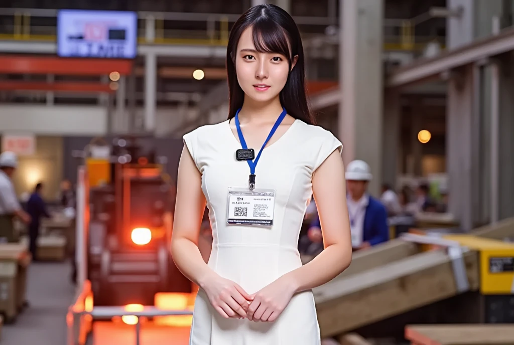 (masterpiece, best quality:1.2), 1woman, solo, Tamao, anchor woman, white tight uniform slim cutting dress, she hold a microphone and live broadcasting in front of camera, crowd metal factory, whole body photo, clear background view, red hot metal