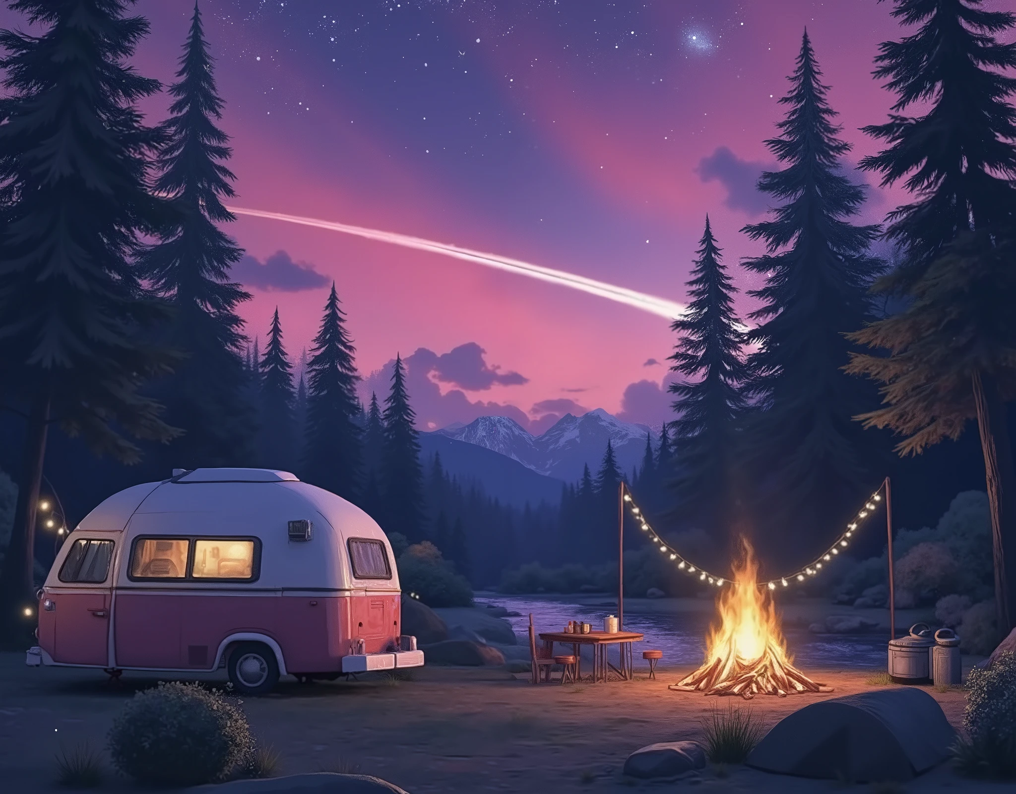 1.background: 깊고 신비한 핑크빛과 보라빛 night하늘이 background을 차지하고, , and the stars are shining all over the sky . It crosses the sky while drawing a smooth trajectory. .
2. Camping Setup : 예쁜 인디언 tent가 세워져 있고, tent 주변에는 아늑한 동그란 알전구 장식이 걸려 있어 따뜻한 느낌을 더해줍니다. tent 옆에는 작은 가랜드가 바람에 살랑거리는 모습도 표현됩니다.
3. bonfire : tent 앞에는 아늑한 bonfire 이 타오르고, The flame has a warm orange color and warms the surrounding air . bonfire 근처에는 캠핑 의자와 소파가 놓여 있어 여유로운 분위기를 연출합니다.
4.Camper : tent 한쪽에 레트로 느낌이 나는 Camper 가 background에 자리잡고 있어요. Camper 의 창문에서 부드러운 빛이 새어 나오고, There are small decorative lights hanging around the .
5. Natural Elements : 주변엔 부드럽게 흐르는 작은 시내와 숲 속의 Trees이 보이며, moonlight shines softly through the leaves. . Ultra HD, masterpiece, Award-winning quality , high resolution , 8k, High Details , outdoor camping, camper van, Camp , tent, A crowd having fun by the campfire , lake, Trees, night, 별이 빛나는 night하늘, amazing view