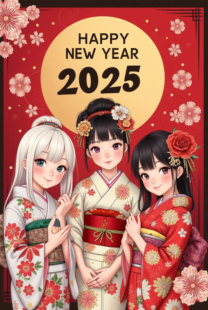 new year poster，" happy new year 　2025"A sign that reads， Japanese Beauties in Kimonos