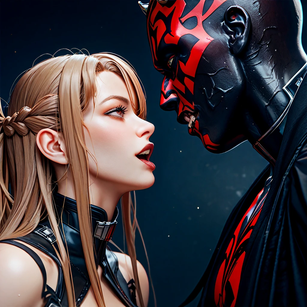 Illyana Rasputin (magik) from Marvel Comics turns her sword on Jason Todd (red hood)  from DC comics they’re almost kiss