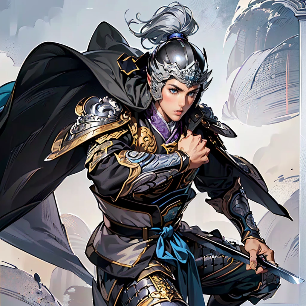 ( top quality,4K,8k, high resolution,masterpiece:1.2),super detailed,(super fine illustration),((( A man in armor with a sword drawn in an anime-style illustration ))),20 years old,(handsome man:1.3, neutral face ),Heroes of the Three Kingdoms,Expression full of supremacy ,((Long black hair and droopy bangs :1.3)), detailed eyes :1.2, perfect eyes,(( Attractive Dark Eyes )),( well-trained body, thin macho),cinematic lighting, soft shadows,((Silver armor with designs leading up to detailed works of art :1.3, is deeply covered by an ancient Chinese silver helmet drawn in detail:1.3,A large purple cloak fluttering in the wind behind its back :1.3,dynamic pause:1.3, holding an ancient Chinese sword drawn in detail :1.3)),(( cowboy shot :1.2)),(( white background:1.3,simple background:1.2)),(( :1.3, depicted so as not to be visible from the tip of her head to above her knee :1.3))