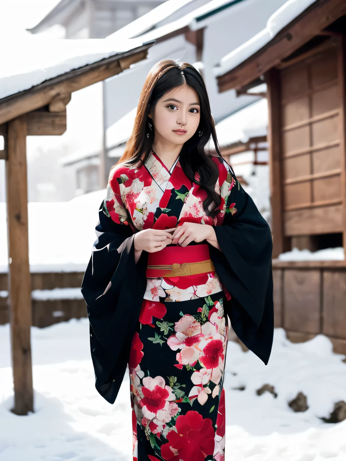 A breathtakingly beautiful 20-year-old woman with a slender physique, dressed in an elegant black and red kimono suitable for the Japanese New Year. She stands against the serene backdrop of a New Year's sunrise, featuring a traditional Japanese shrine, snow-covered grounds, and vibrant red camellias in bloom. Her gentle smile and friendly expression harmonize with the peaceful atmosphere of the snowy morning. (RAW photo, top quality, realistic, photo-realistic:1.4), (masterpiece, extremely detailed, 2k wallpaper), (Ultra Details, high res, soft light, cinematic lighting), (perfect anatomy, slender body), (extremely detailed eyes and face, beautiful nose, beautiful eyes).