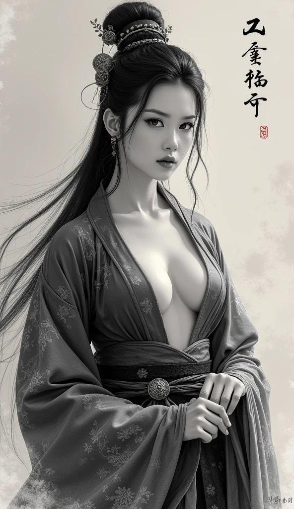 oiran, Beauty, Delicious Company, A captivating sight, Wearing a sexy open kimono. The work is created in a medium reminiscent of Japanese ink painting.。Monochromatic color palette. artist'Stunning technique gives the image strength and power'Presence,Highest quality, Ultra-high resolution captures every detail. The texture and intricate patterns of the kimono are expressed with extreme precision.. Lighting is carefully designed,Enhance the drama, Deep shadows and subtle highlights. This piece exudes elegance and strength., A fusion of traditional Japanese aesthetics and modern sensibilities. Monochromatic color palette, Putting the details together, Captivate viewers、Create an immersive experience.Black kimono、sexly、The kimono is open、I can see the valley、I can see your thighs