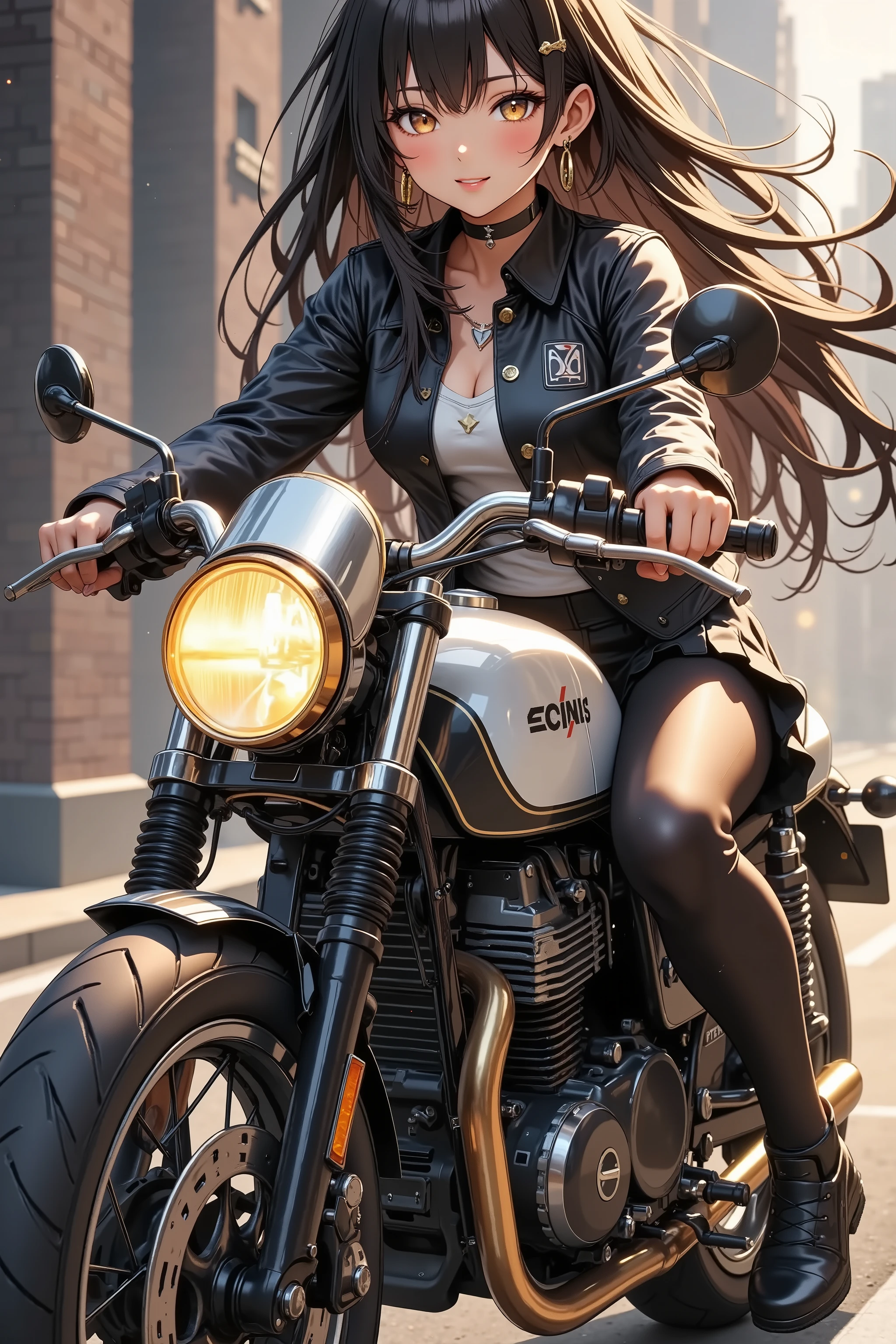 One beautiful woman riding a motorcycle tuned to Cafe Racer 、 yellow headlight、 rocket cowl 、Overall view of the motorcycle、glowing exhaust pipe, Ultra Wide Angle, glossy brown skin 、 anime mature