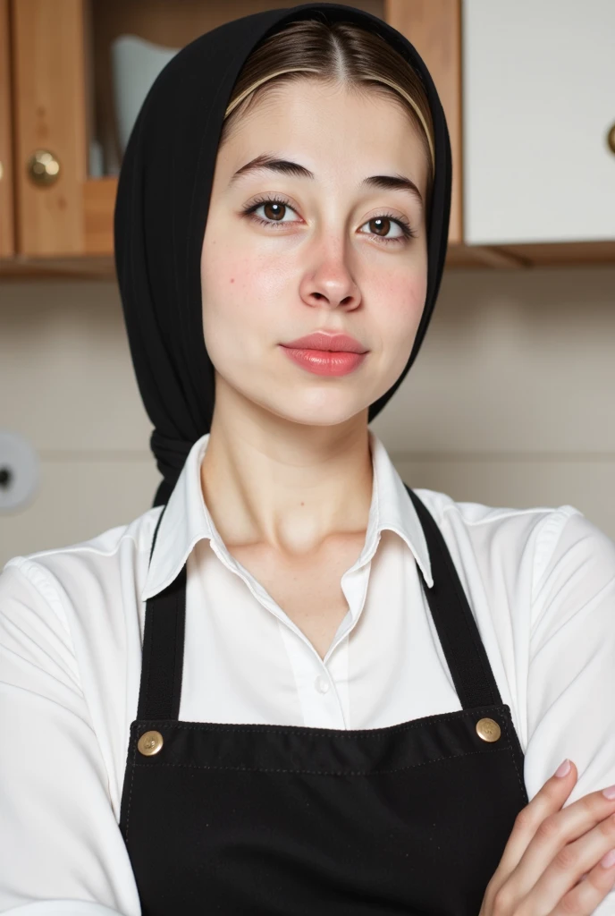 photo of (cute 20yo girl:1.2) in the kitchen, (naked apron:1.2), freckles, (chef's hat:1.2), (big breasts:1.1), pale skin, (perfect eyes:1.1), volumetric light, (detailed skin texture:1.4), pores, (photorealism:1.4), intricate details, (attractive:1.3), handsome, perfectly detailed eyes, perfect lighting, masterpiece, (best quality:1.3),
