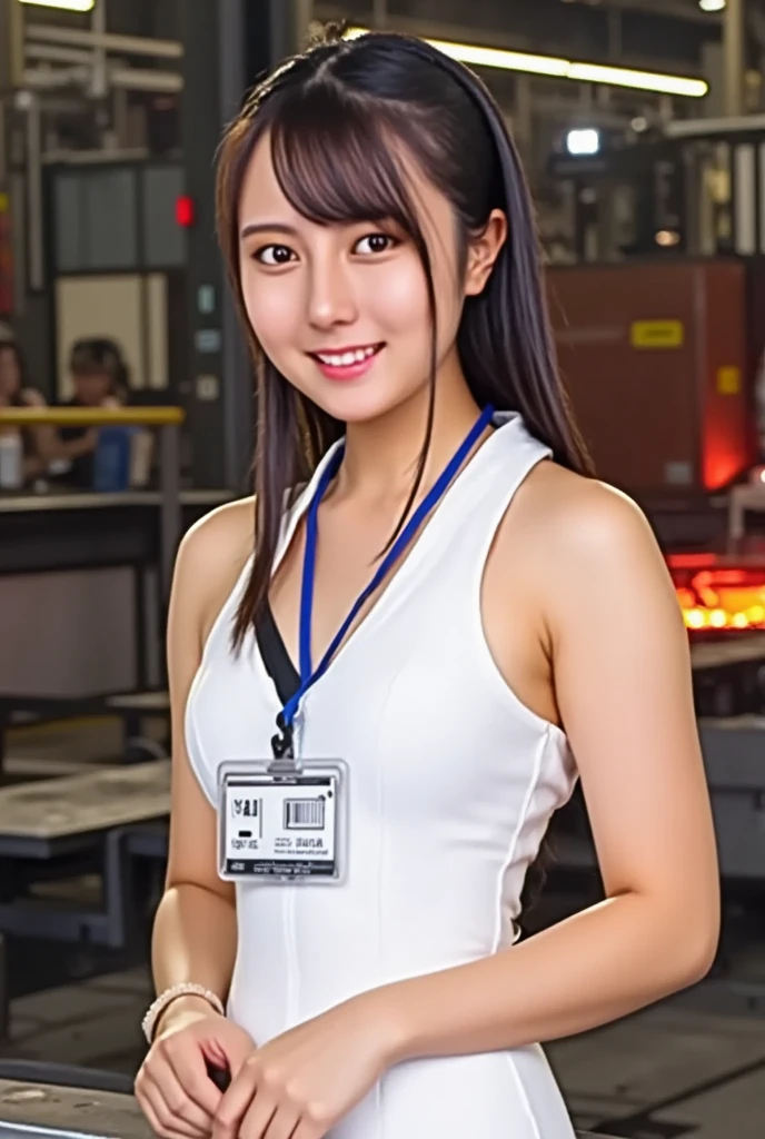 (masterpiece, best quality:1.2), 1woman, solo, Tamao, anchor woman, white tight uniform slim cutting dress, she hold a microphone and live broadcasting in front of camera, describe the metal factory outlook, metal factory, whole body photo, clear background view, red hot metal