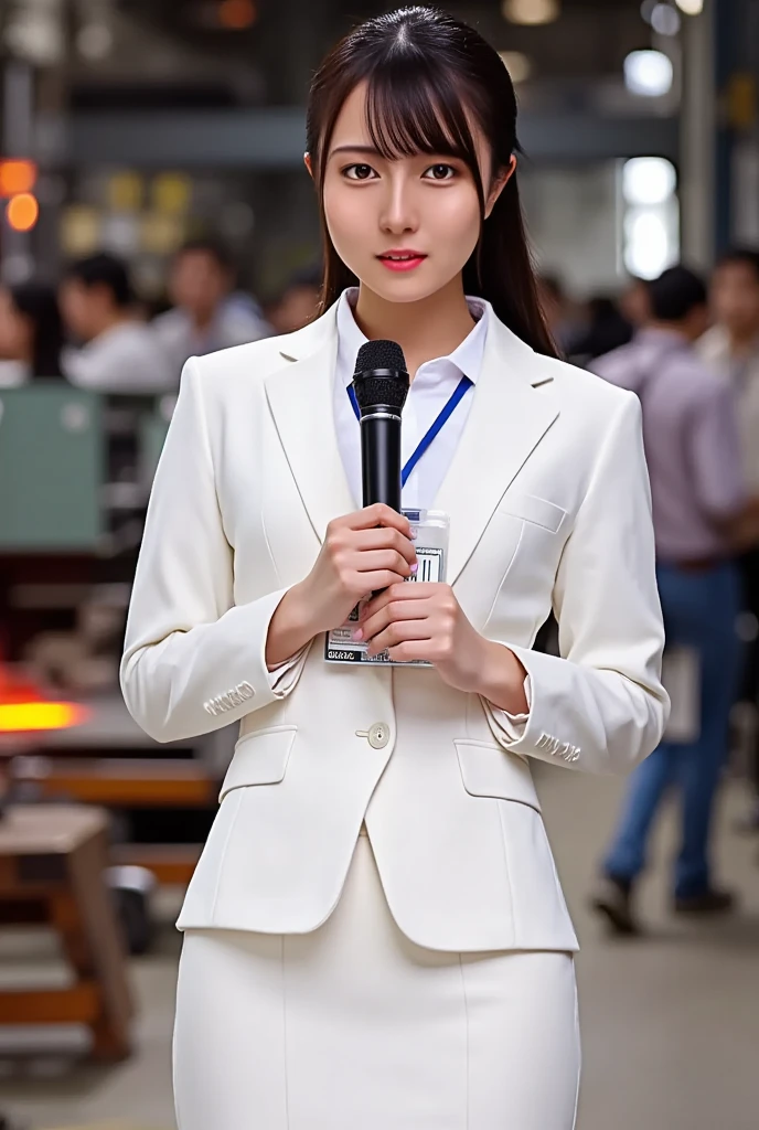 (masterpiece, best quality:1.2), 1woman, solo, Tamao, anchor woman, white tight uniform slim cutting dress, she hold a microphone and live broadcasting in front of camera, describe the metal factory outlook, metal factory, whole body photo, clear background view, red hot metal