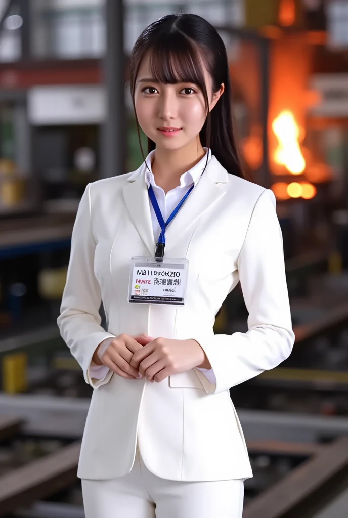 (masterpiece, best quality:1.2), 1woman, solo, Tamao, anchor woman, white tight uniform slim cutting dress, she hold a microphone and live broadcasting in front of camera, describe the metal factory outlook, metal factory, whole body photo, clear background view, red hot metal