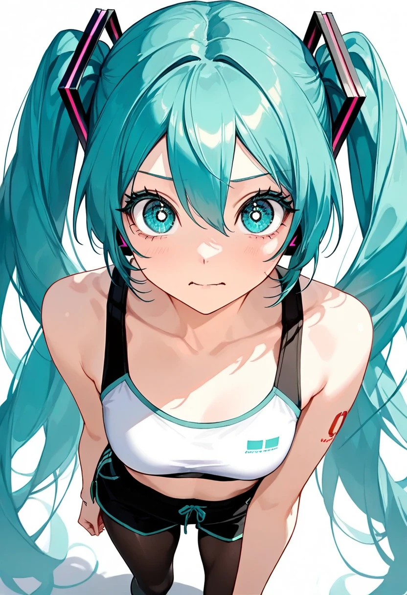 (masterpiece), ( top quality),  very detailed,  high resolution,  One Girl ,  Single Focus ,  skin dimentation, sports bra，Shorts， pantyhose， perfect face,   puffy face  ,  beautiful faces,  big eyes, Swollen eyes,  perfect eyes, eyelash， Hatsune Miku ， very detailedな顔，